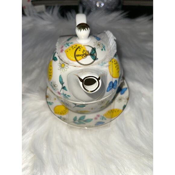 Grace's Teaware Lemons & Blue Butterflies Stacking Teapot & Teacup and Saucer - Picture 3 of 10